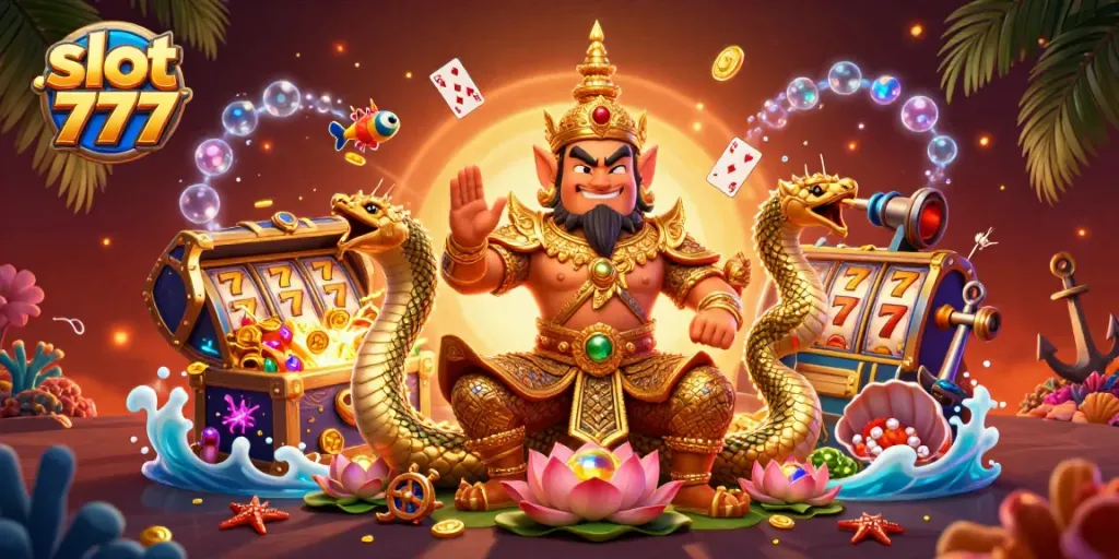 Menangkan jackpot slot 777 dengan peti harta karun penuh koin emas dan karakter keberuntungan di latar belakang yang megah.