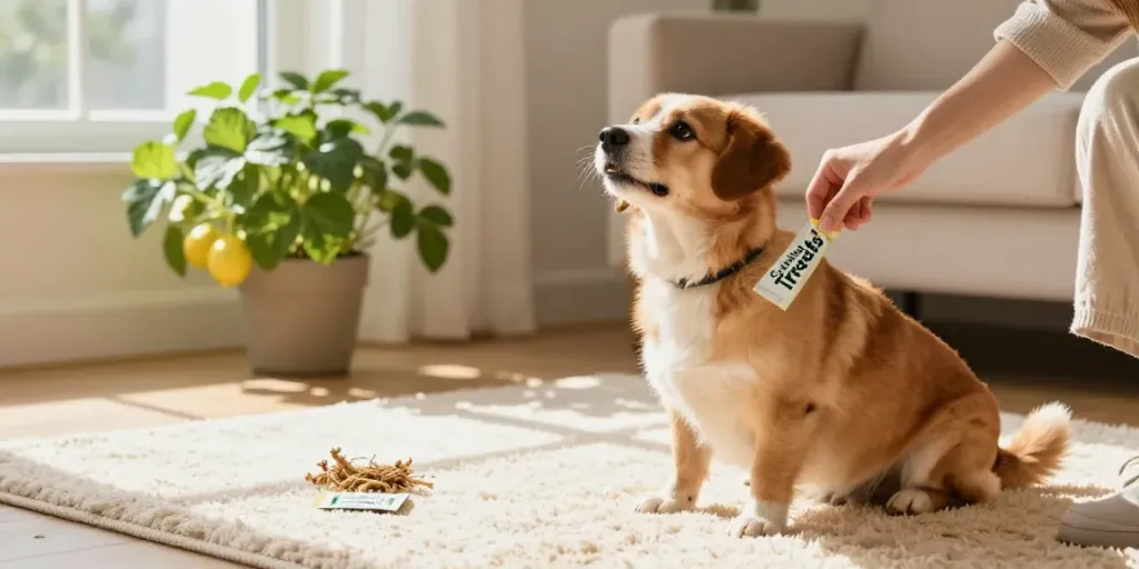 Calming Dog Treats being offered to a joyful dog in a cozy home
