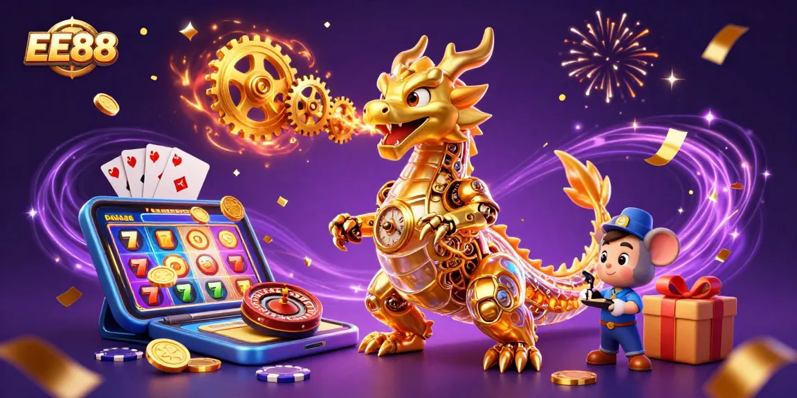 Experience the thrill of EE88 with a golden dragon amidst a vibrant casino scene.