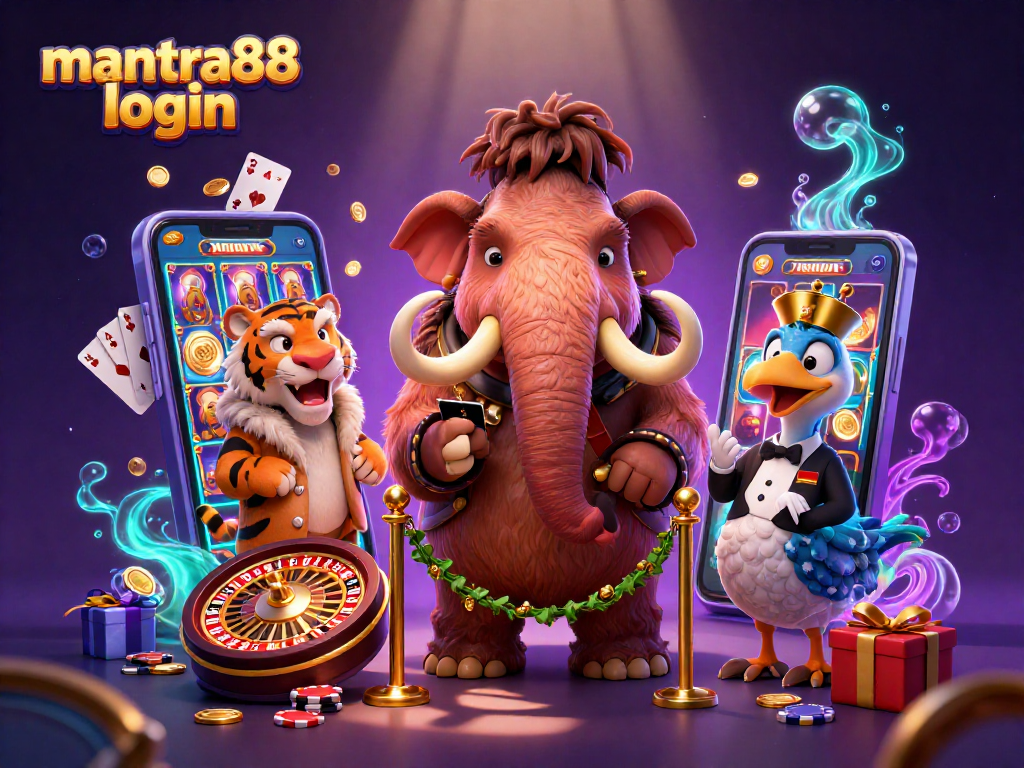 Experience the excitement of mantra88 login with a vibrant casino scene and characters.