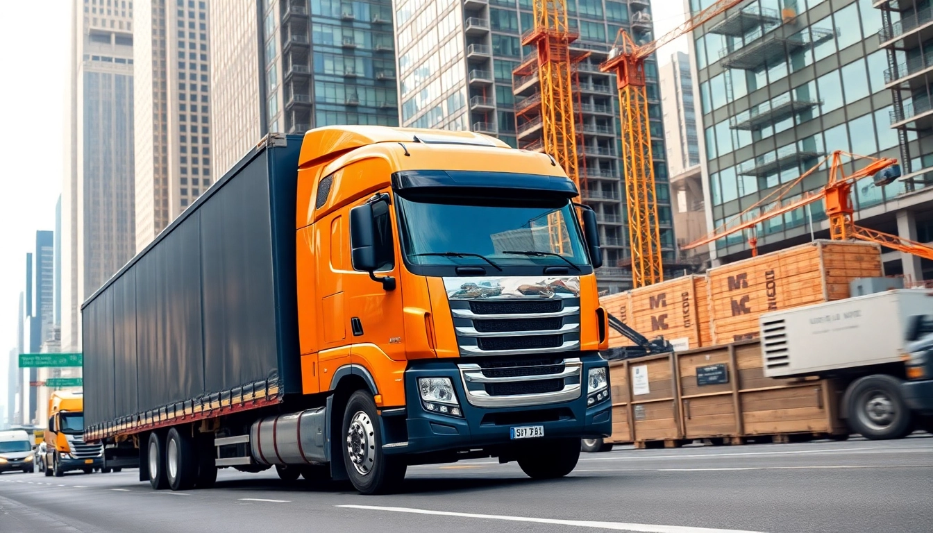 Visual representation of equipment transportation truck in urban setting, showcasing its features and reliable services.