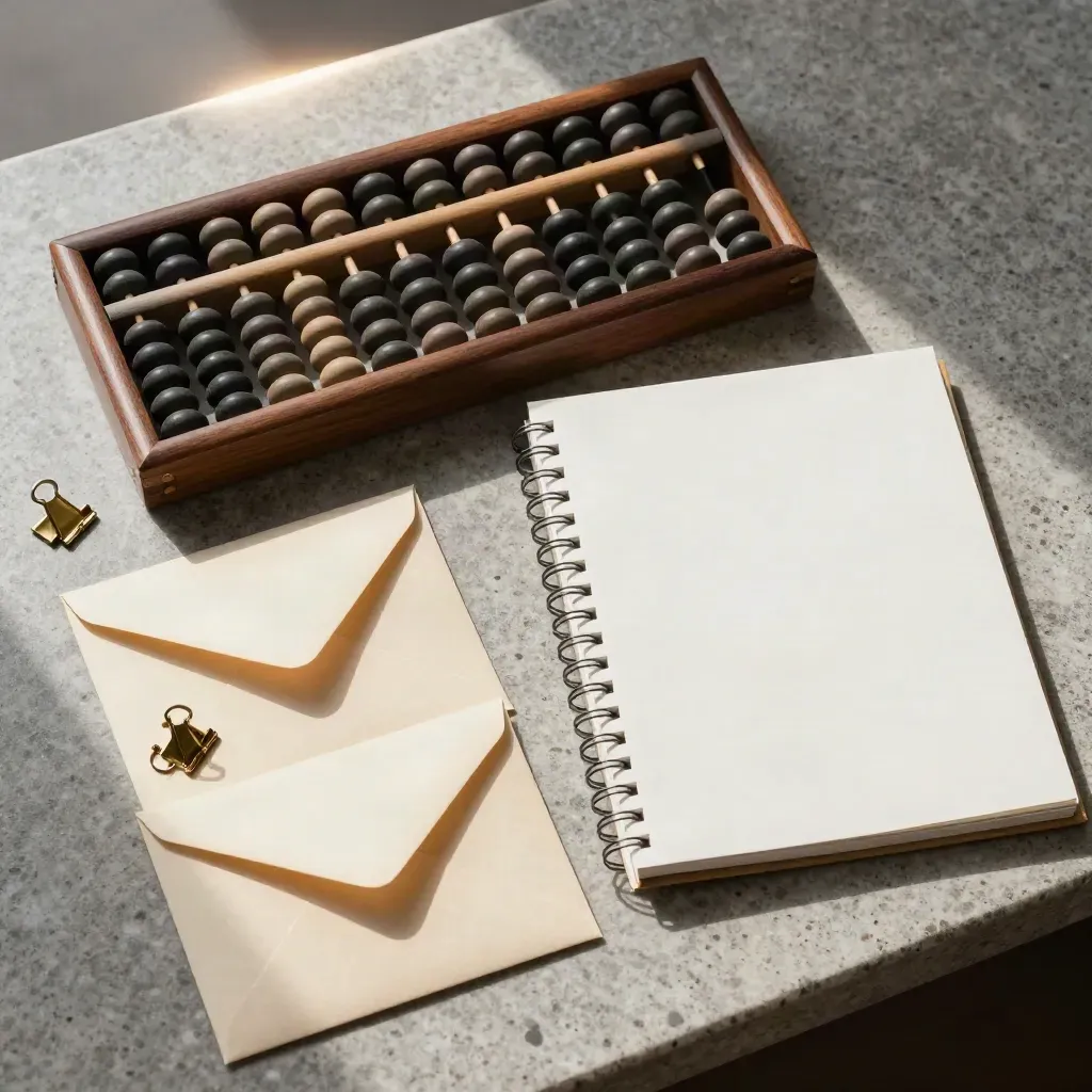Overhead stone desk with abacus, sealed envelopes, brass clips, and blank ledger pad mid-sorting.