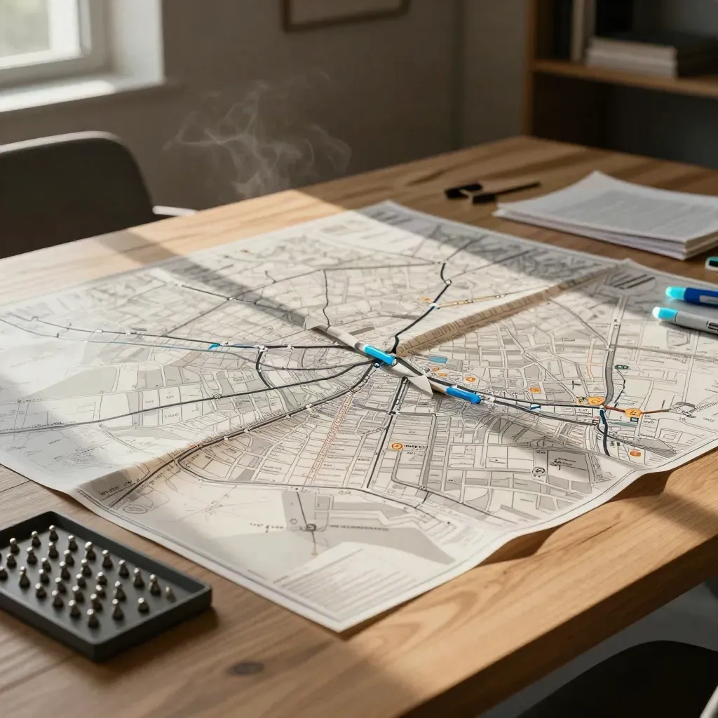 Campaign route overlays and channel chips spread across a planning table in warm morning light.