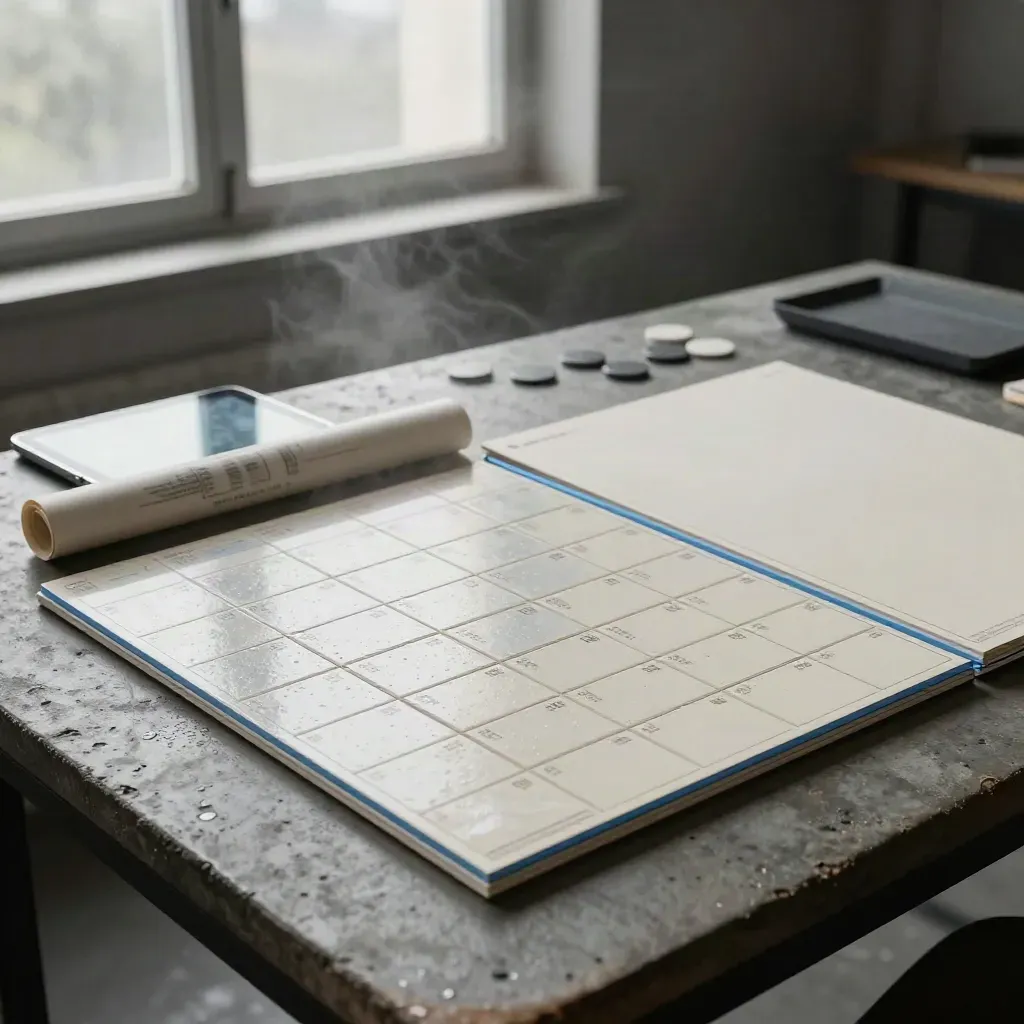 Media planning table with audience tiles, budget chips and a blank board in moody loft light.
