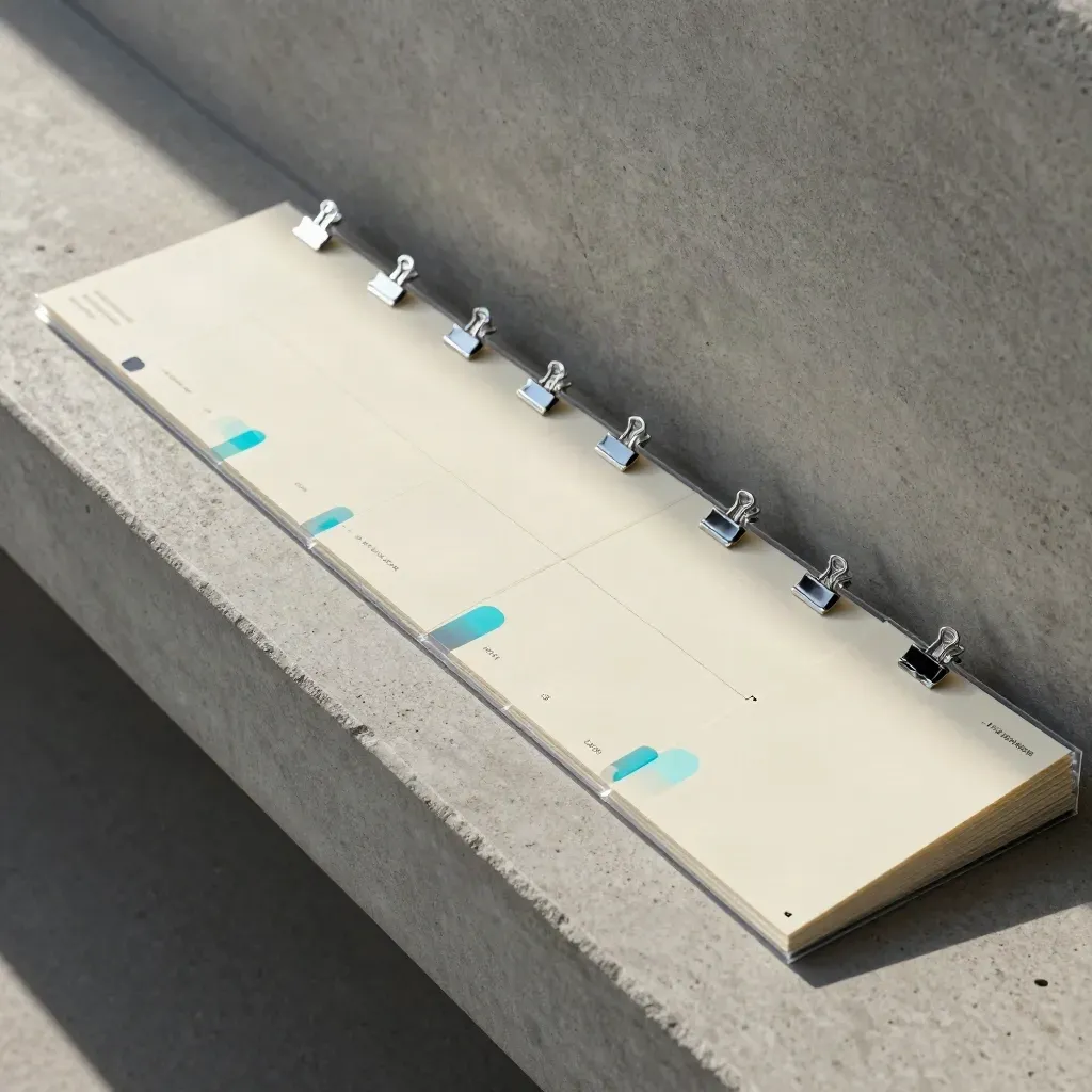 Concrete bench with pacing cards in clear sleeves and silver clips, lit by late-afternoon haze.