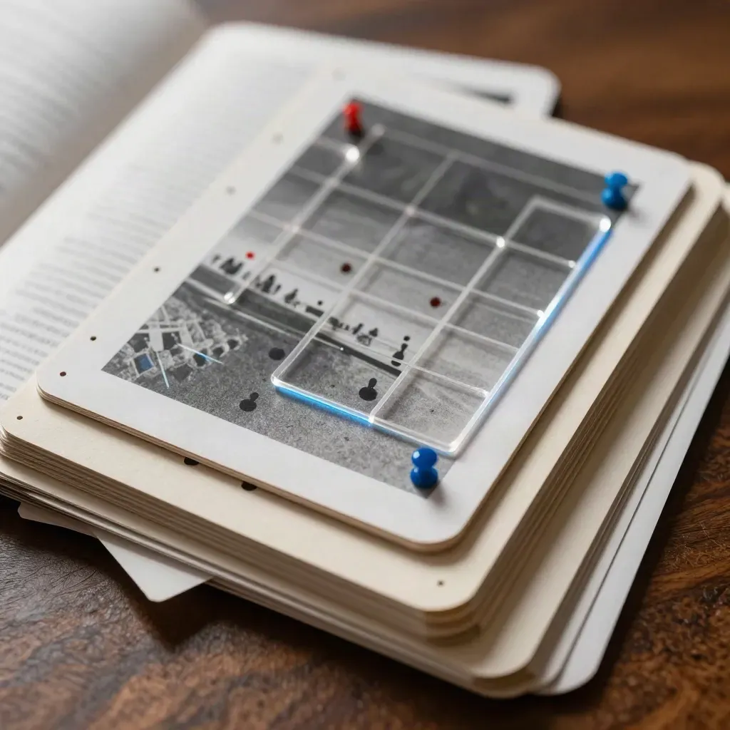 Close macro of audience insight cards with clear acrylic markers and colored pins on dark wood.