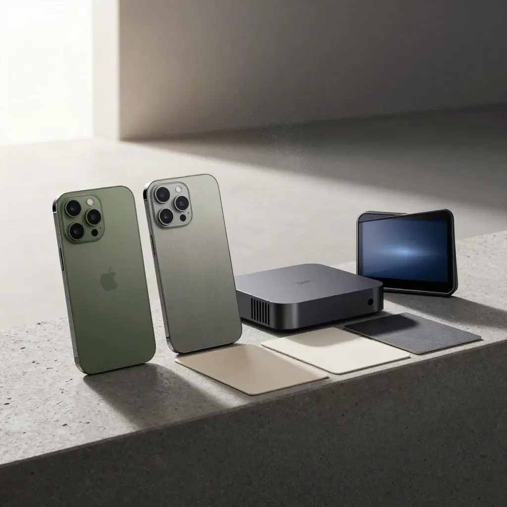 Four media touchpoint tokens aligned by matte samples on stone, caught in soft daylight and dust.