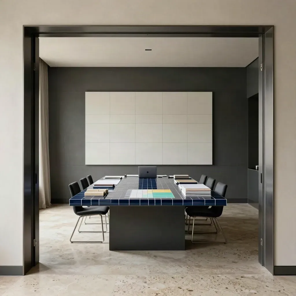 Media planning room with table, wall grid, acrylic tiles and laptop in moody light