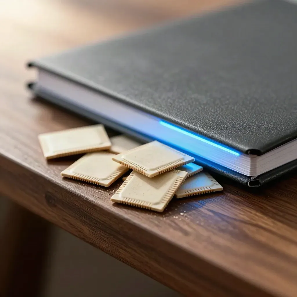 Stacked budget chips beside a turned notebook with a blue screen glow on a walnut table edge.
