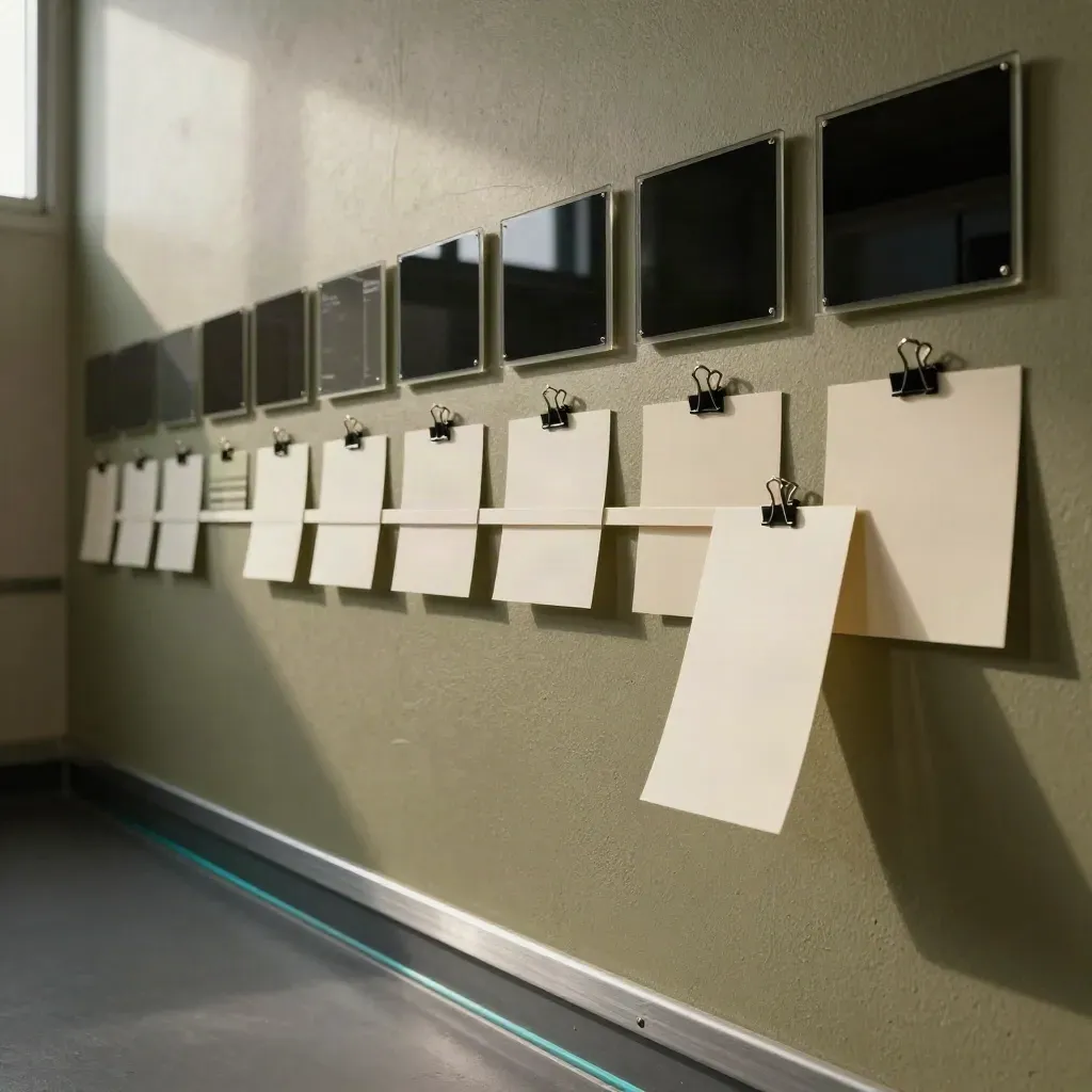 Oblique view of timeline strips and monitor reflections on a media planning wall