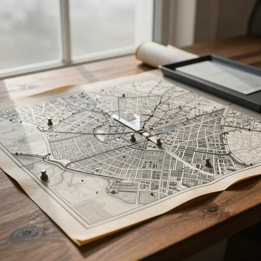 Map tiles and neutral pins around a folded atlas board beside misty window light