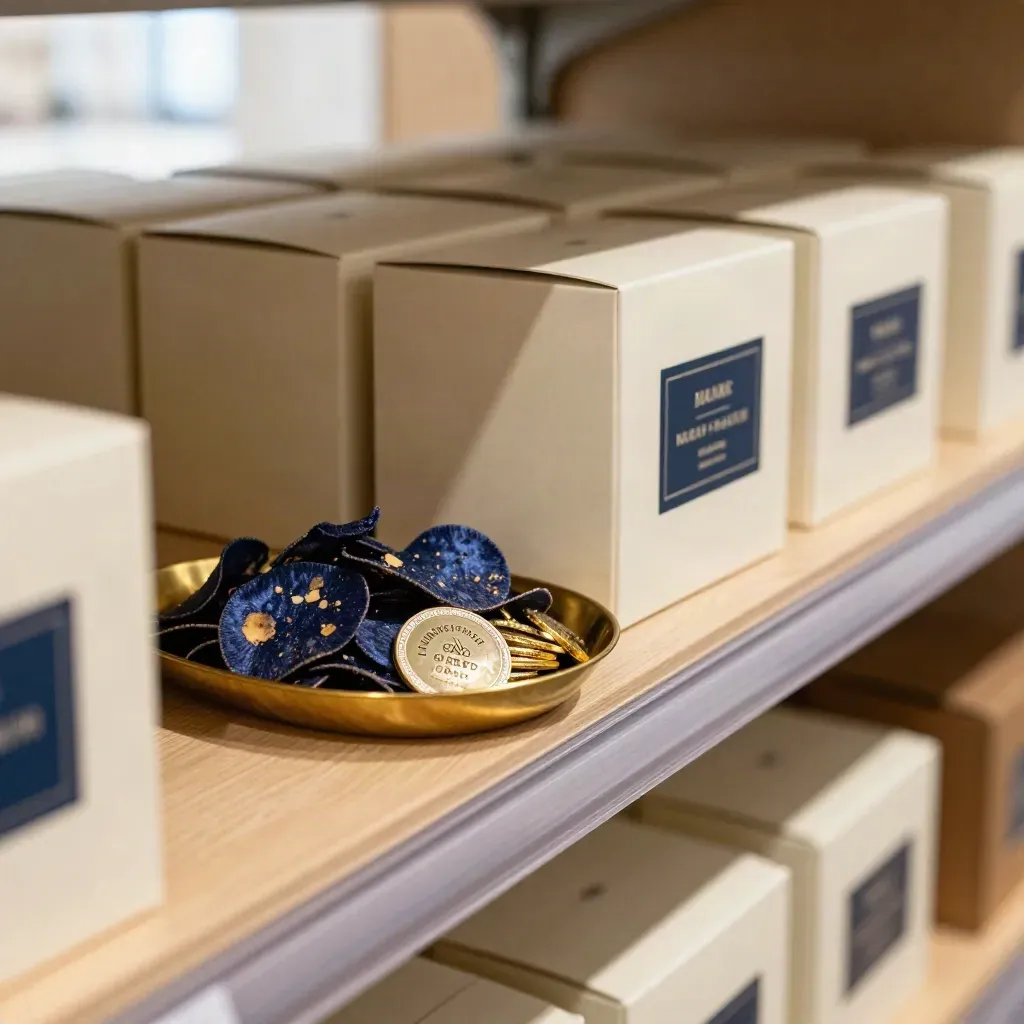 Retail media shelf with turned product boxes, navy chips, and a brass tray in warm daylight.