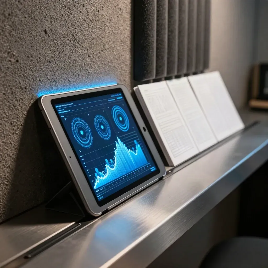 Tablet glow beside storyboard cards against textured acoustic panels in a cinematic media planning scene.