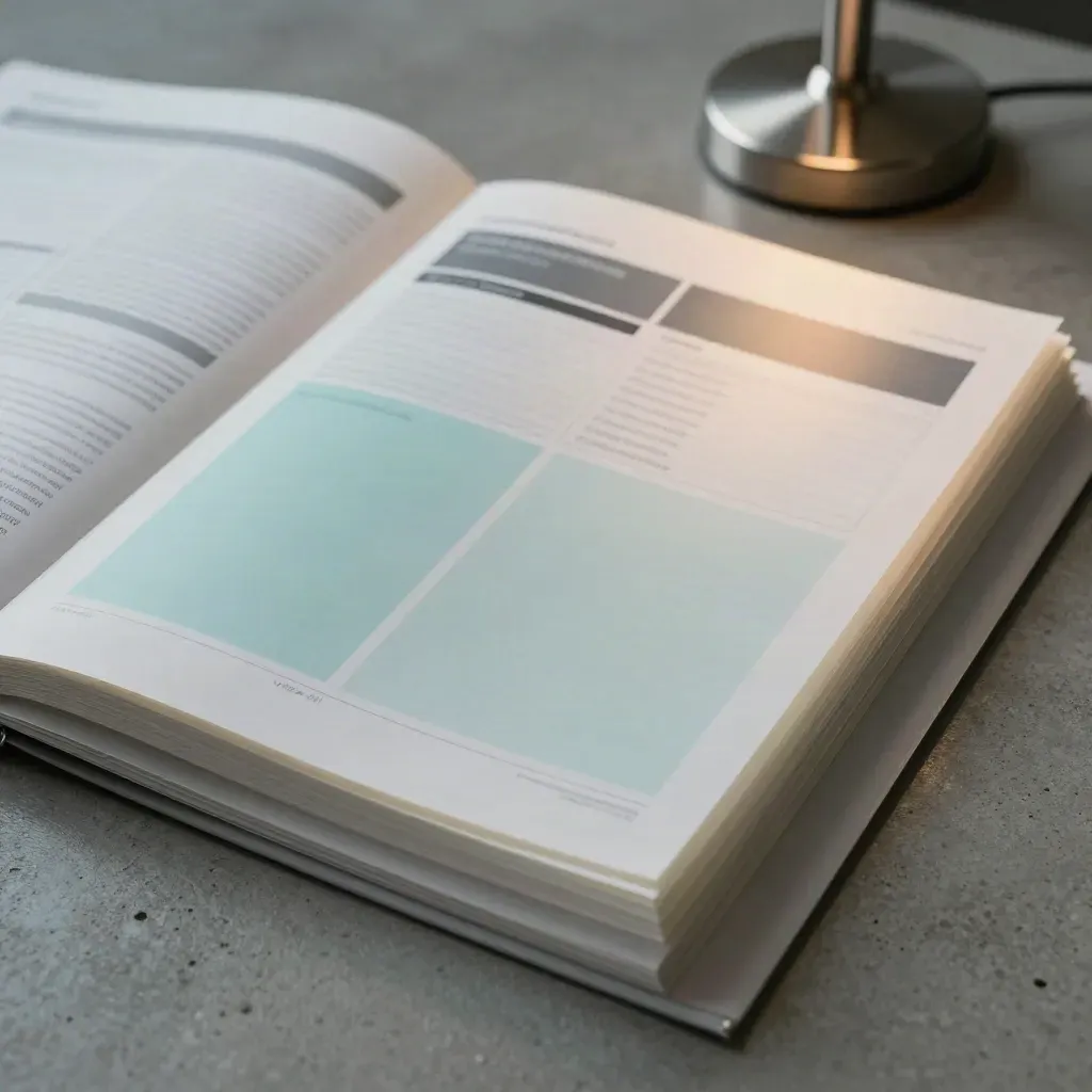 Acetate reporting sheets and a compact lamp on cool concrete with cyan accents