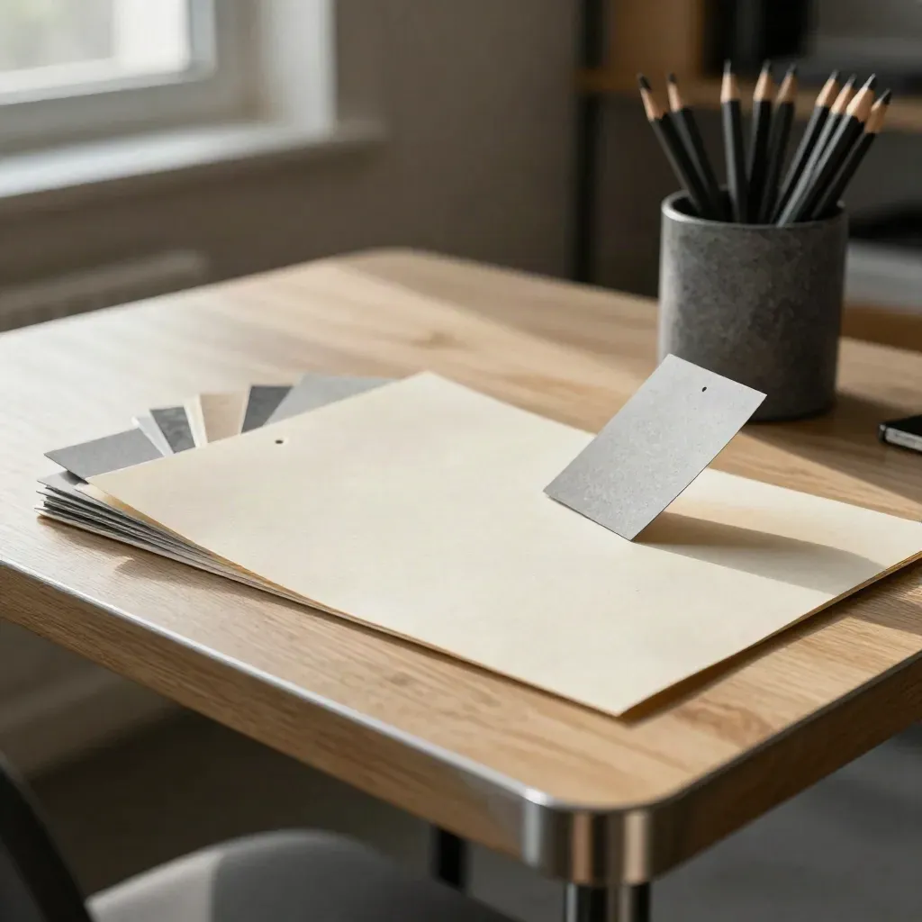 Brief packet, swatch cards, and graphite cup on a planning table in soft daylight.