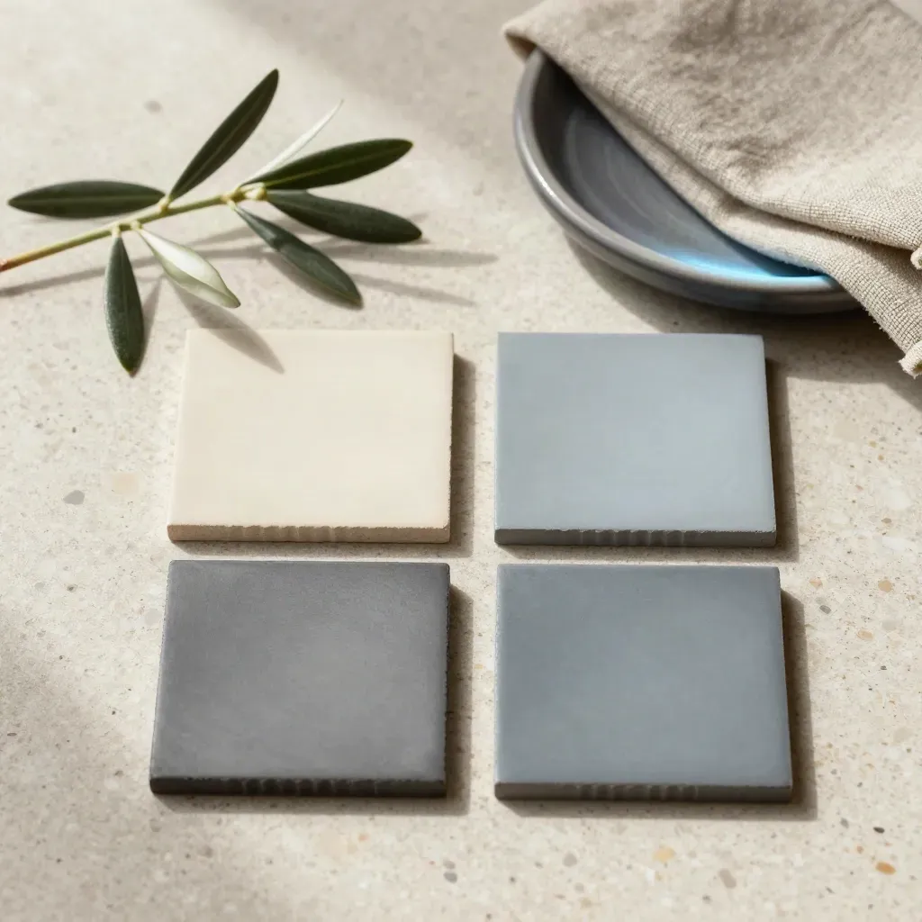Matte channel tokens with plant, linen, and ceramic dish on travertine under soft daylight.
