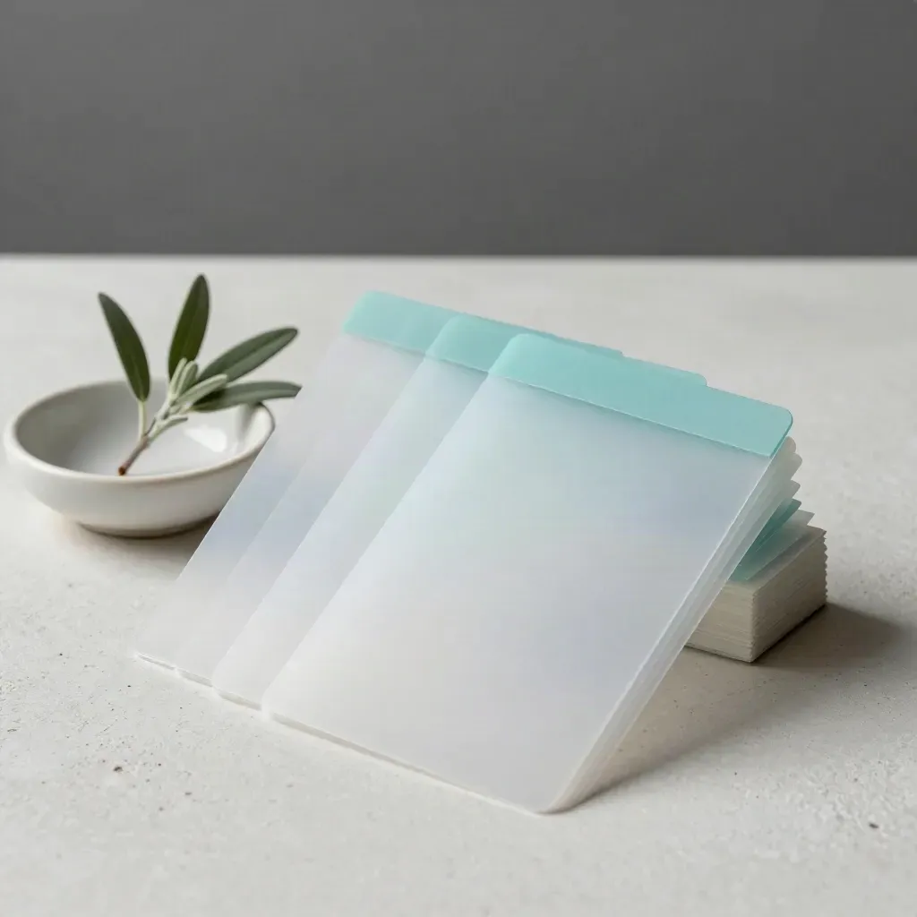 Translucent report sleeves, ceramic dish, and small plant on a plaster sweep