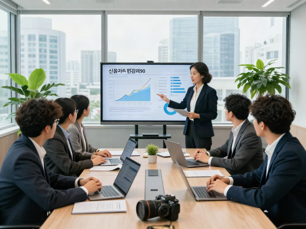 신용카드현금화90 관련 데이터를 논의하는 전문 팀 회의 장면