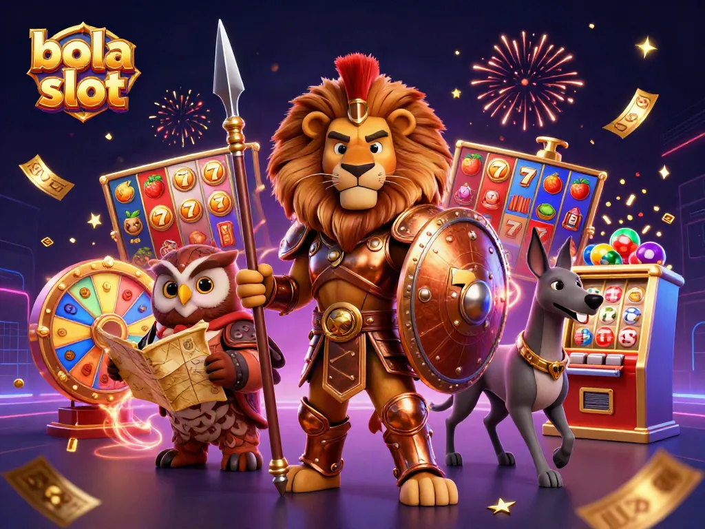 Experience the thrill of bola slot with a vibrant 3D scene of characters and slot elements.