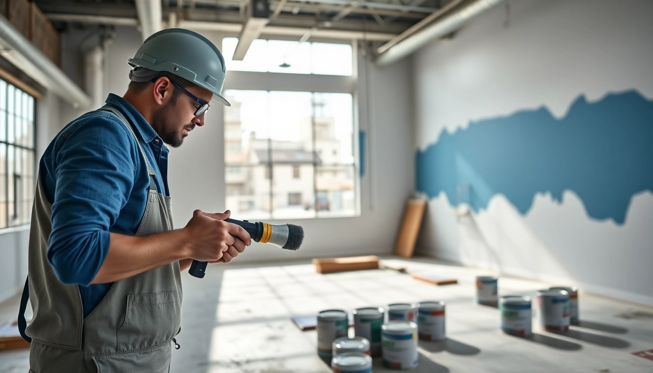 Commercial painter expertly finishing a vibrant office space with precision tools.