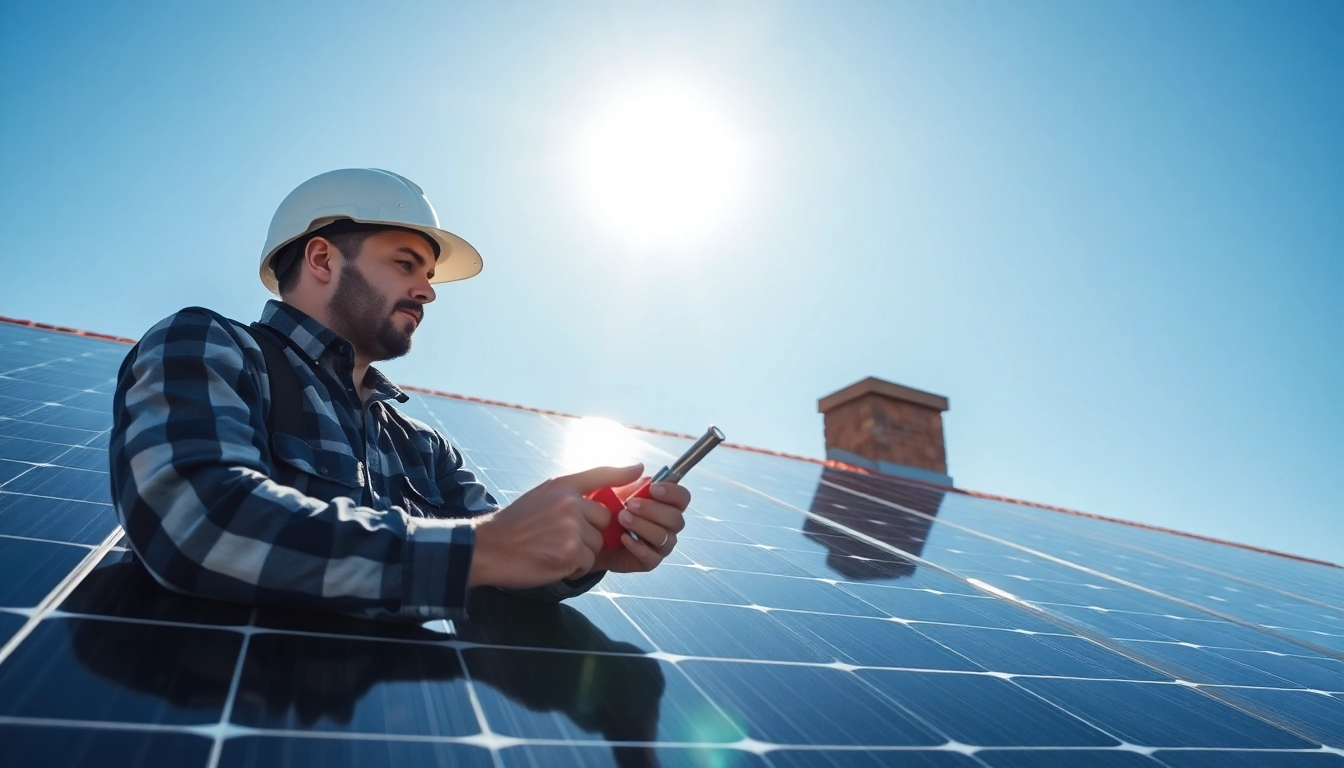 Technician performing solar panel repair on a rooftop installation, highlighting expertise and reliability in service.