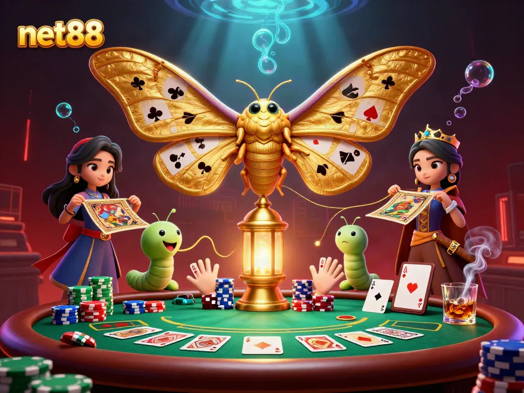 Experience the excitement of net88 with a 3D cartoon scene of a moth, casino elements, and vibrant colors.