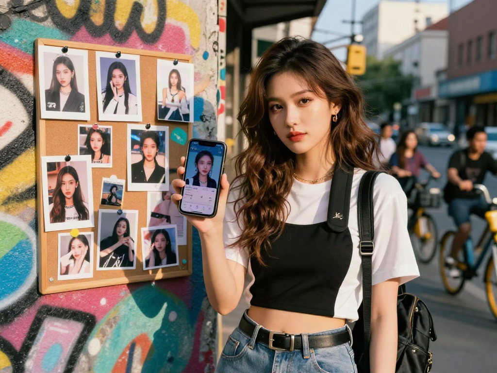 Youthful woman using a celebrity look-alike app while expressing personal style, showcasing urban lifestyle.