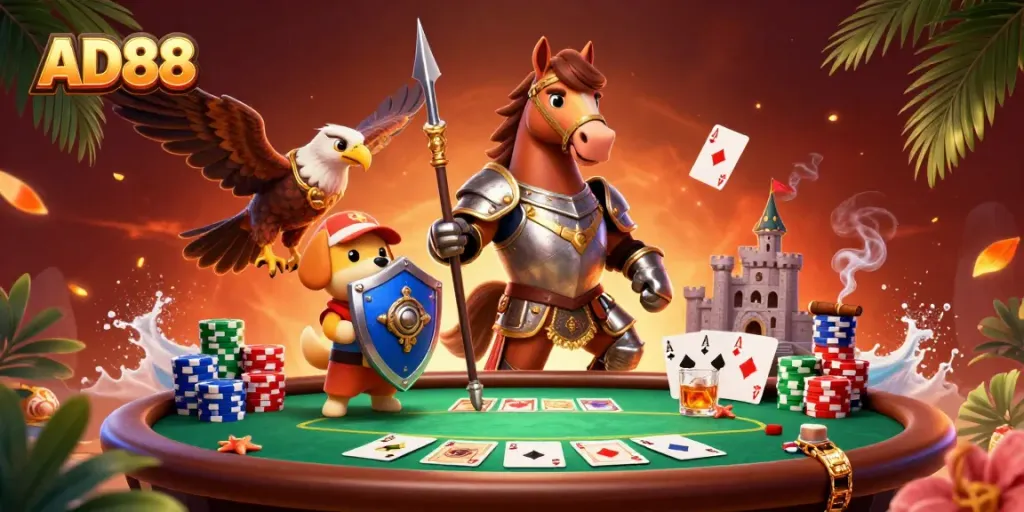 Engage with AD88 poker action featuring a medieval knight, squire puppy, and festive casino elements.