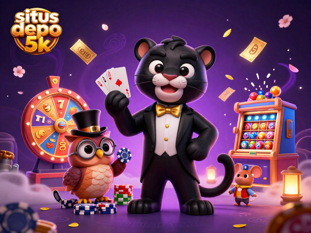 situs depo 5k showcases the black panther dealing cards at a lively casino with vibrant slot reels