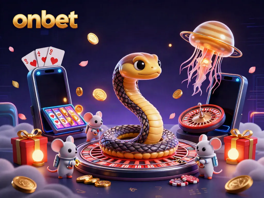 Experience dynamic betting with onbet's 3D cosmic casino scene featuring playful characters and vibrant gaming elements.
