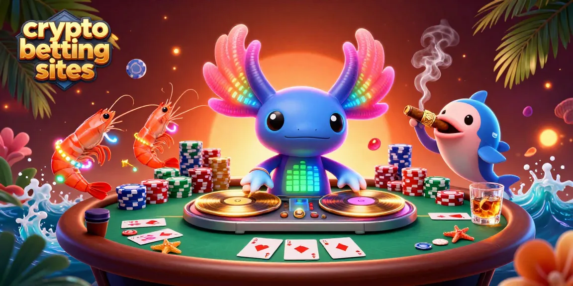 Découvrez les sites de paris sportifs crypto avec un DJ axolotl animé au milieu de cartes et jetons de poker.