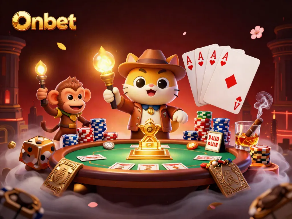 Onbet logo illustrated with a cat explorer and monkey companion uncovering treasures in an ancient casino