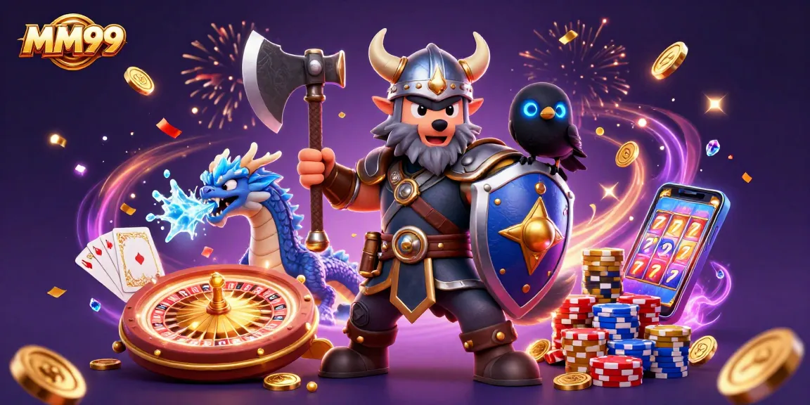 Engage with MM99 as the Viking wolf warrior battles alongside an ice-breathing dragon in a dynamic casino scene.
