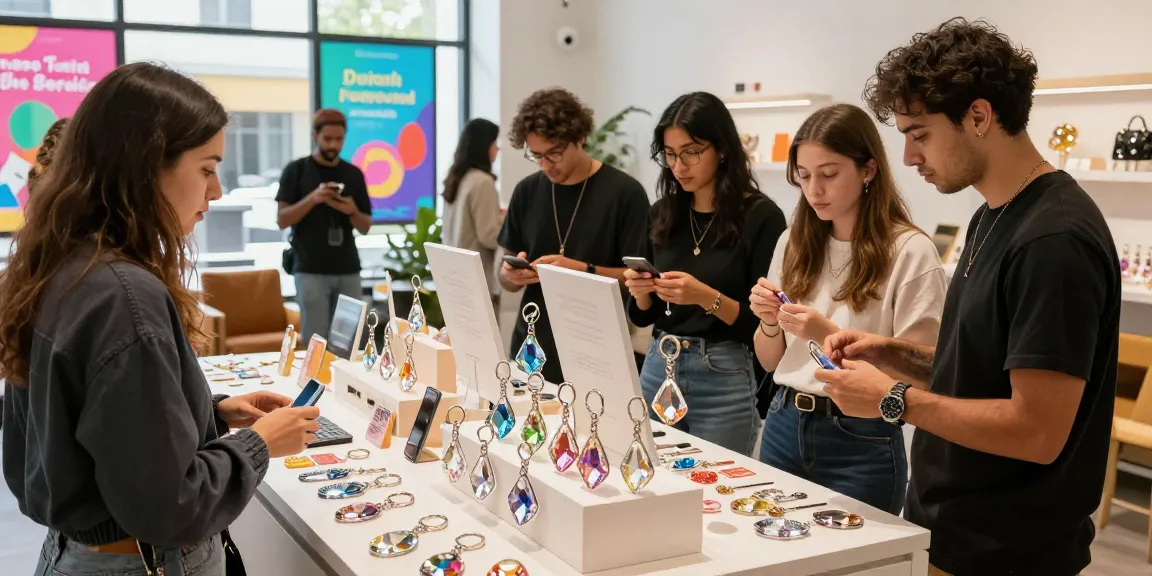 Custom Acrylic Diamond Keychain showcased by shoppers in a vibrant retail setting.