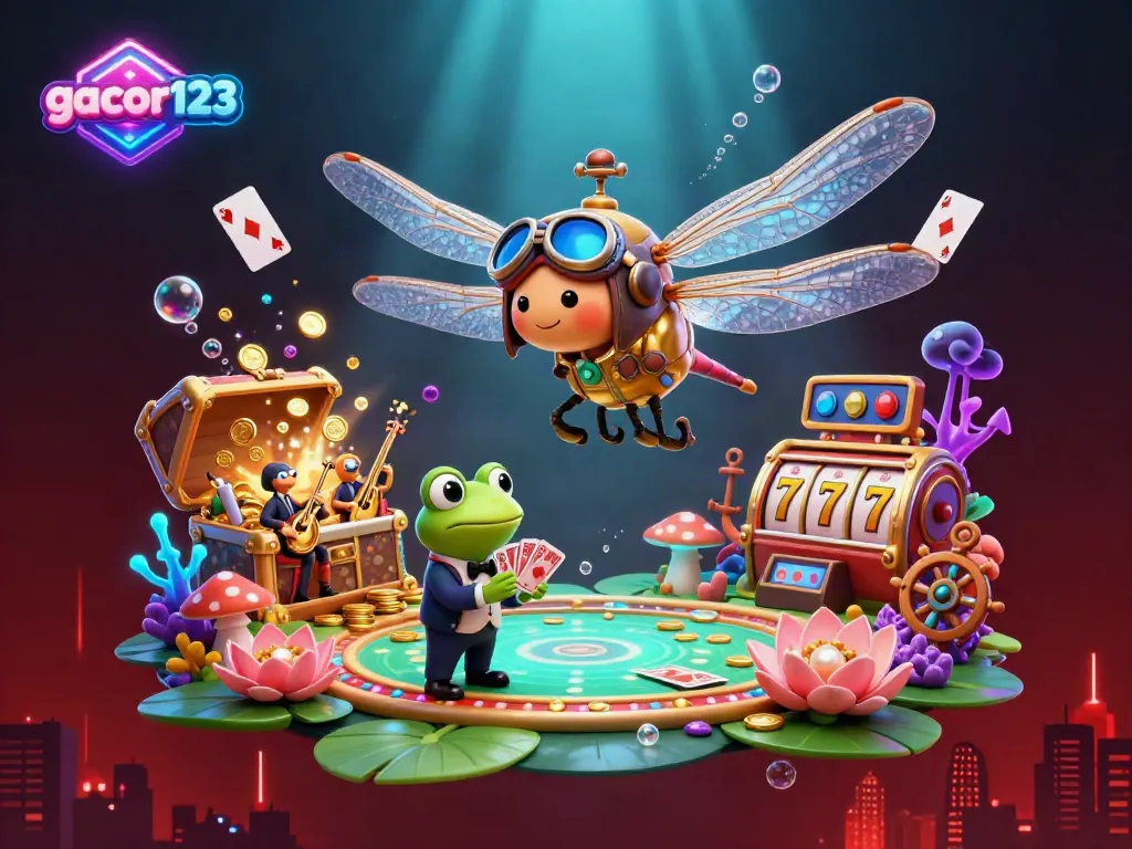 Experience thrilling moments with gacor123 as a dragonfly pilot hovers over a vibrant lily pad casino.