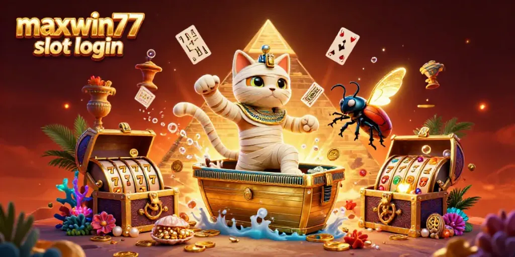 Experience maxwin77 slot login with a vibrant 3D scene featuring playful casino elements.