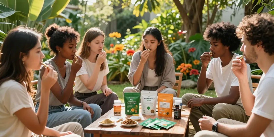Group exploring best kratom brands in a serene outdoor setting, sharing insights and experiences with various products.