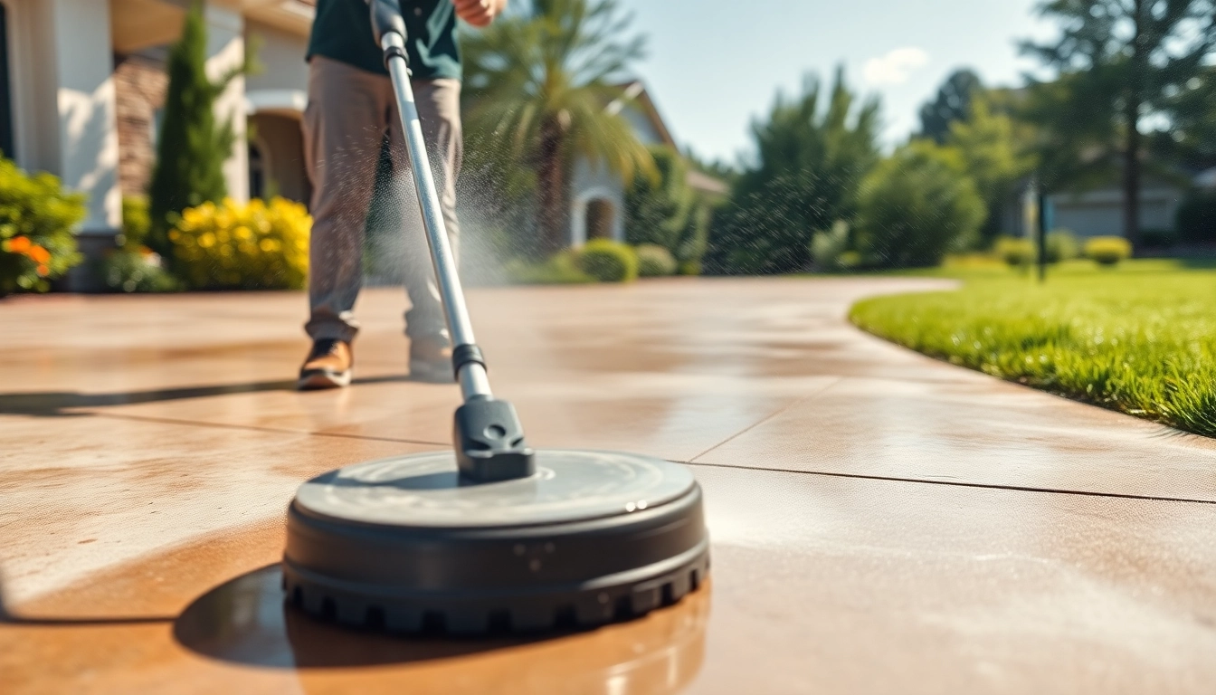Driveway cleaning in action as a power washer revitalizes a concrete surface, showcasing results.