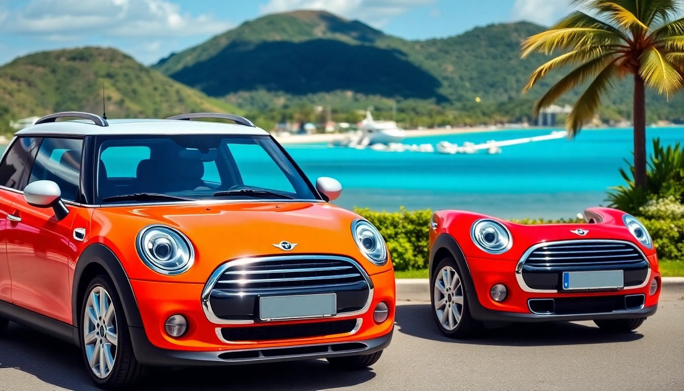 Catch a glimpse of a Mini Cooper st barts rental against a breathtaking tropical backdrop.