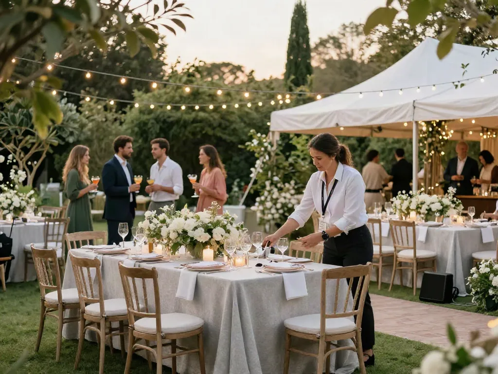 Event rentals setup with elegant tables and decorations in a garden.