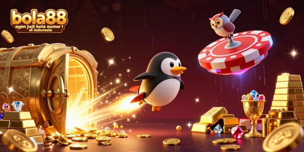 Bola88 agen judi bola nomor 1 di Indonesia showcases a golden penguin rocket blasting toward a poker chip casino.