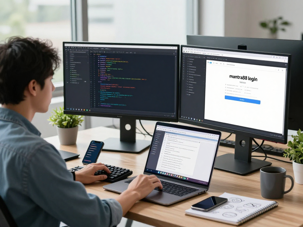 Developer using the mantra88 login in a modern workspace with dual monitors and a casual setup.
