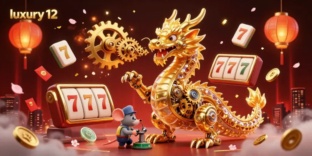 Engage with the luxury 12 experience through this dynamic casino scene featuring a golden dragon and game elements.