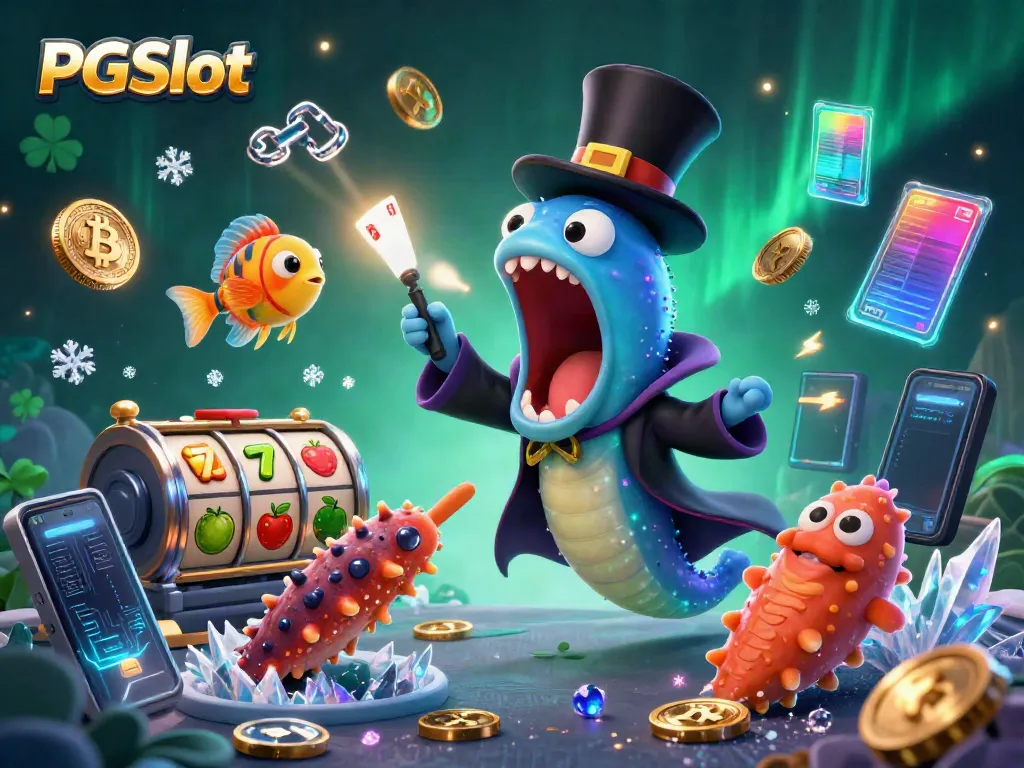 Experience the thrill of PGSlot with a magical undersea casino scene featuring a gulper eel, anglerfish, and sea cucumber in action.