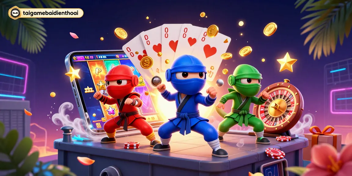 Experience the thrill of taigamebaidienthoai with a vibrant 3D casino scene featuring ninja chameleons.