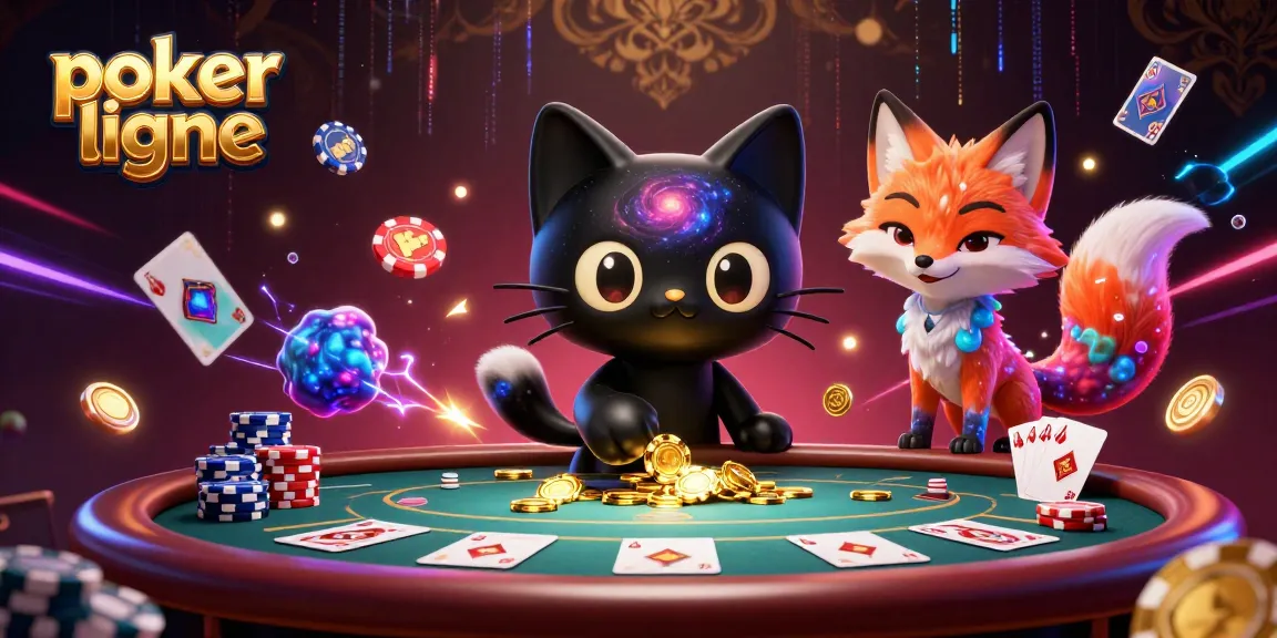 Accédez à l'univers du poker en ligne avec cette illustration dynamique, où un chat noir gravitationnel et un renard nébuleux s'illuminent autour d'une table de poker.