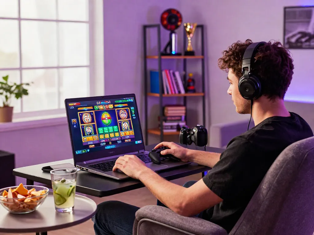 Engaging player enjoying slot online games in a modern home setup.