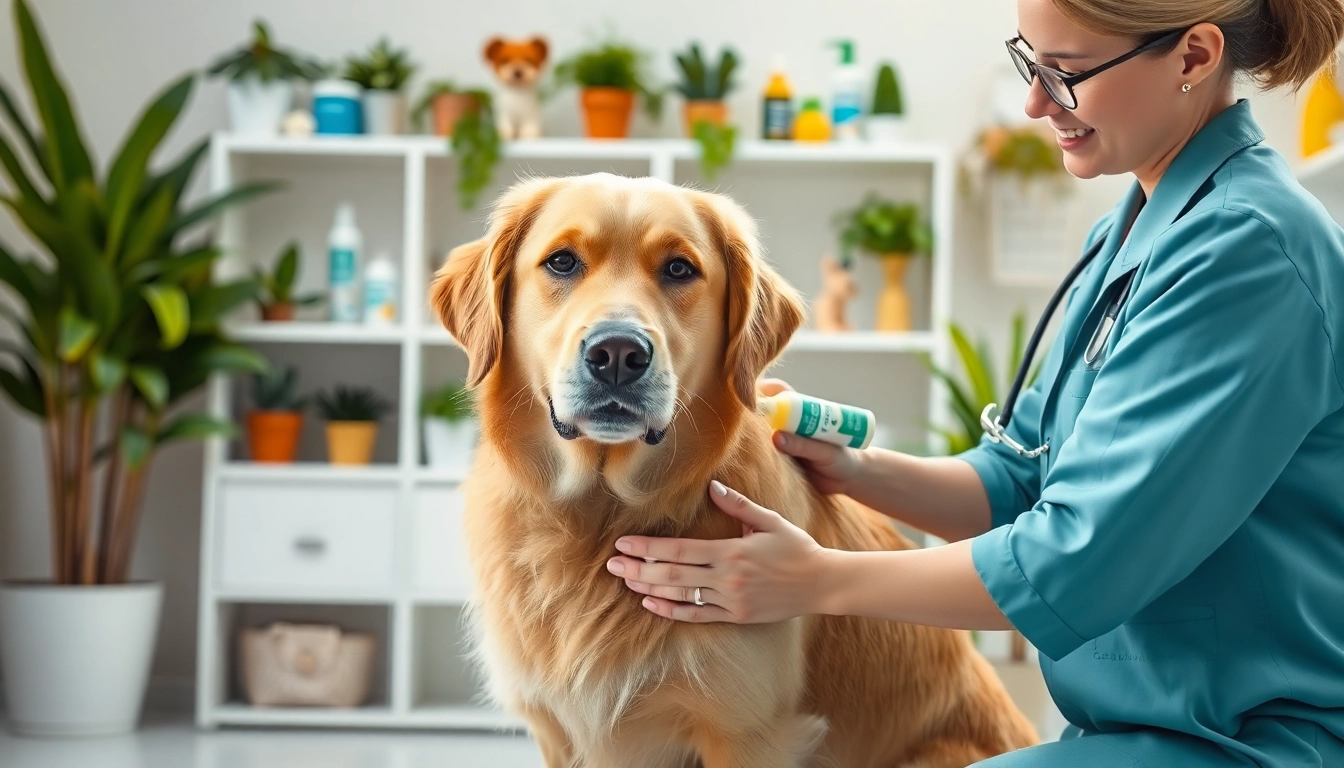 A veterinarian applying DMSO for dogs on a golden retriever in a clinic, showcasing care and health.