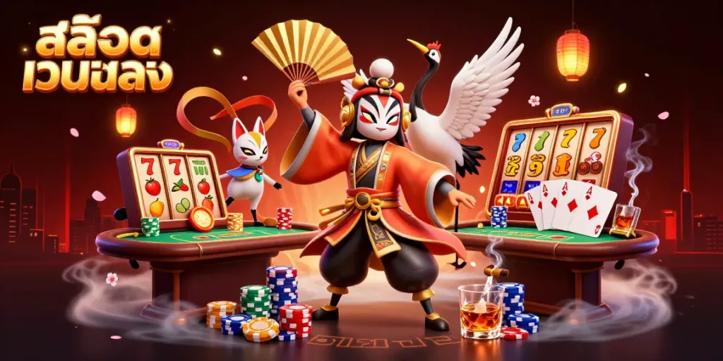 Engage with สล็อตเว็บตรง in this vibrant casino scene showcasing animated characters and dynamic game elements.
