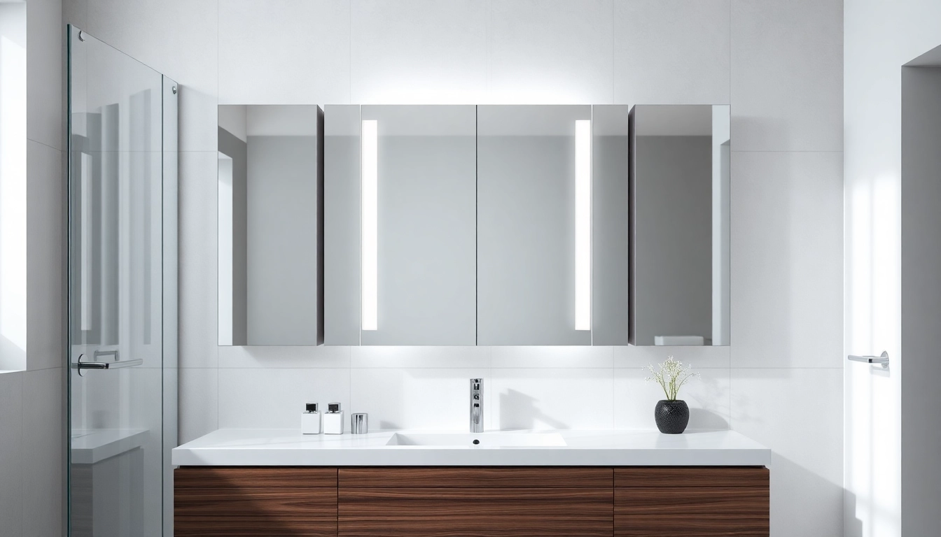 Beleuchtete badezimmer spiegelschränke in modernem Design mit elegantem Spiegel und subtiler Fixtur.